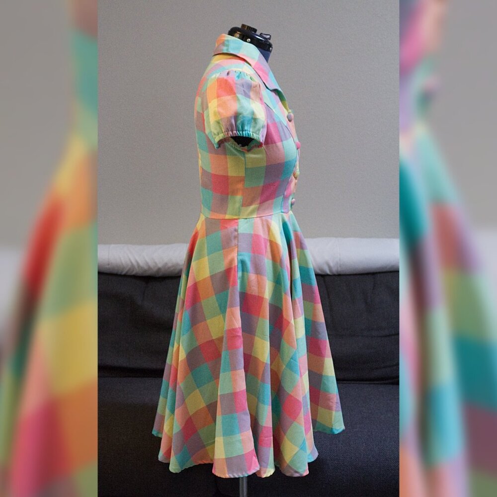 1950s Style Pastel Plaid Swing Dress with Cap Sleeve XL - Picture 3 of 12